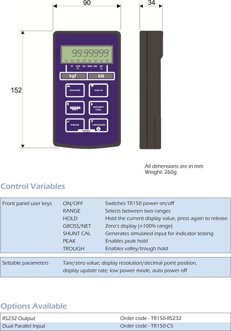 tr150 handheld display dimensions